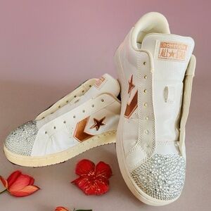 Upcycled Converse Rose Gold & White Sneakers with Custom Rhinestone Accents